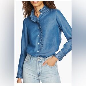 COURT & ROWE Med Tiny Blue Gingham Ruffle with Embroidery Blouse